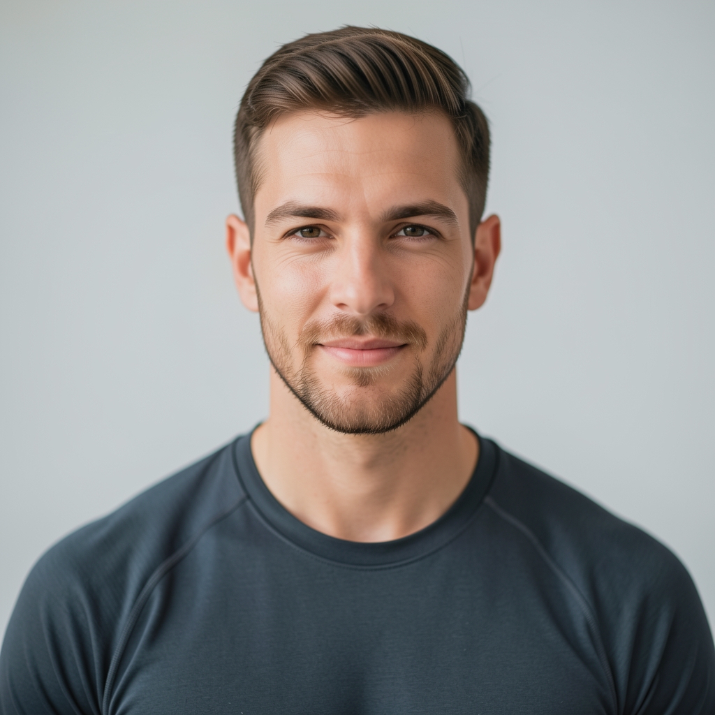 Professional headshot of a male fitness contributor standing in a minimal modern studio with clean background lighting