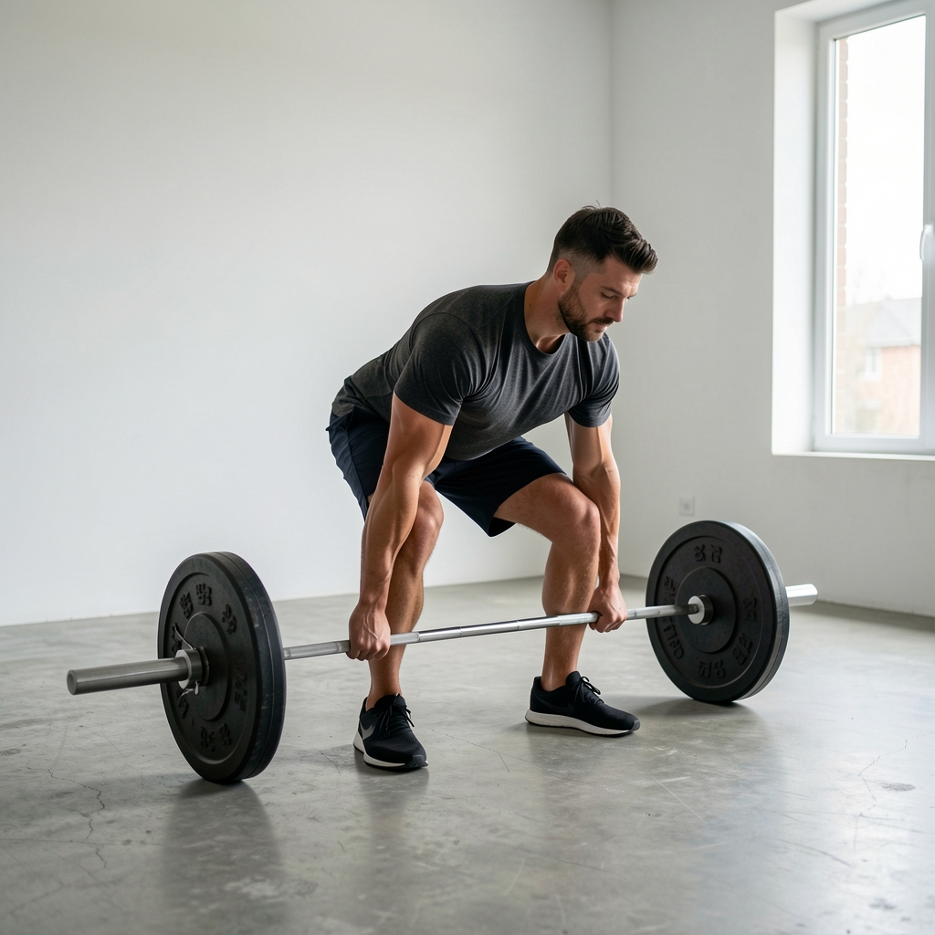 Man performing deadlift in a minimalist home gym with concrete flooring and natural light, focusing on proper form and body alignment