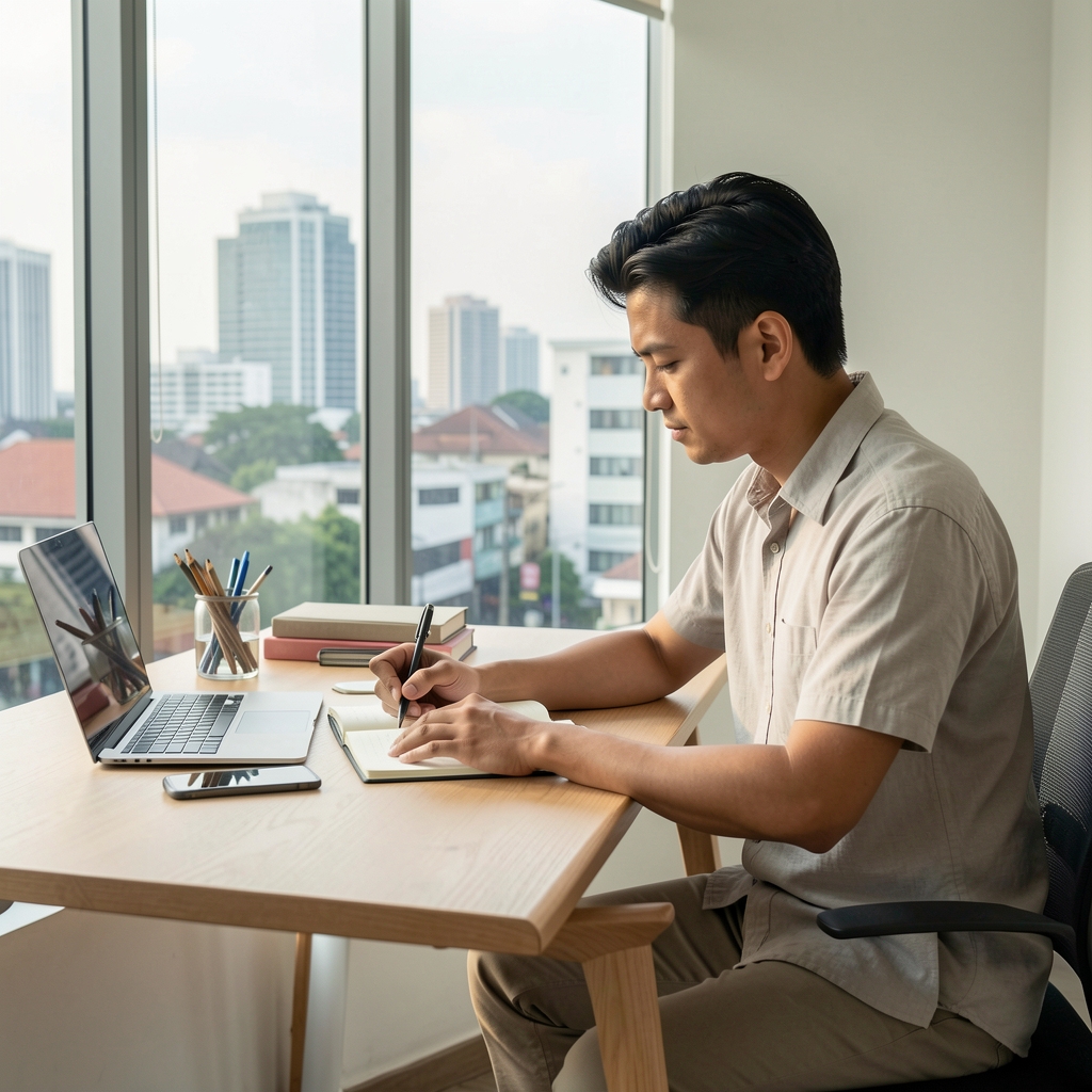 Man performing a structured morning journaling routine at a minimalist desk with natural window light, Jakarta urban backdrop visible