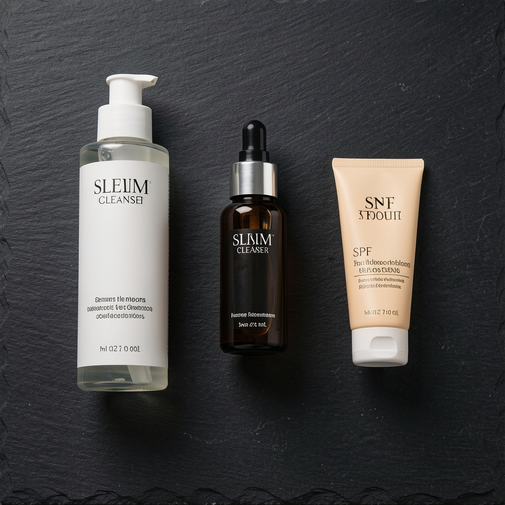 Organised flat-lay of premium grooming essentials on a dark slate surface — cleanser, serum, and SPF moisturiser arranged with measured precision under studio lighting
