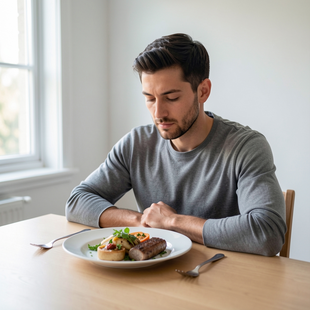 Man seated mindfully at a clean dining table with a structured meal, eyes downward in focused attention, natural daylight from a window to the left